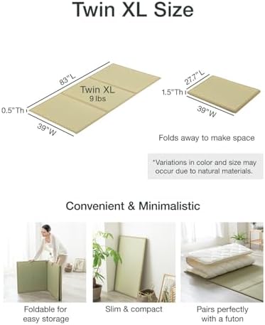 FULI Japanese Tatami Mattress, Foldable Igusa Rush Grass, Natural, Twin XL