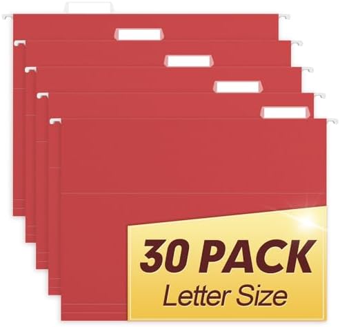 HERKKA Hanging File Folders, 30 Pack Reinforced Letter Size Hanging Folders, Designed for Bulky Files, Filing Cabinet, 1/5-Cut Adjustable Tabs (Red)