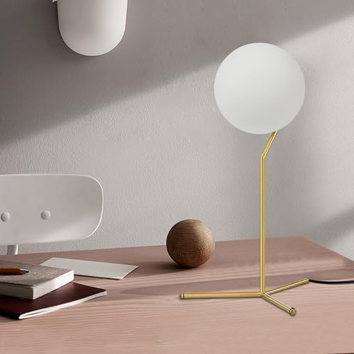 BOKT Modern 1-Light Glass Globe Table Lamp Contemporary Minimalist Tall Bedside Desk Nightstand Lamp Vintage Brush Gold Metal Table Light Frosted White Glass Ball Reading Lamp
