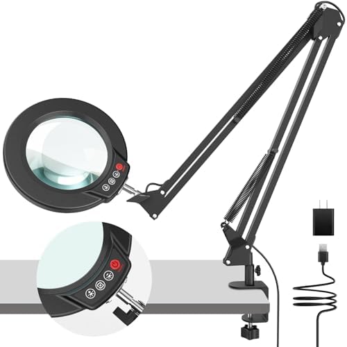 10X Magnifying Glass with Light and Clamp, Real Glass Stand Lighted Magnifier, 2*16 Arm 5 Color Modes Stepless Dimmable LED Desk Lamp Hands Free for Craft Hobby Reading Painting Close Work Large Black