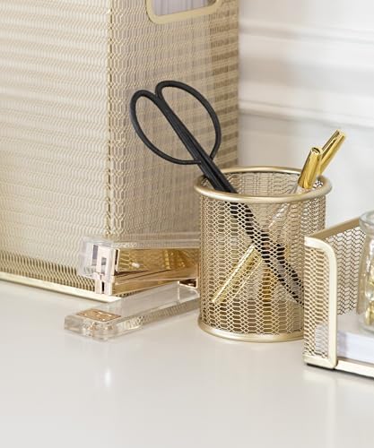BLU MONACO | Gold Metal Mesh Pen Holder for Desk | Cute Pen Holder for Desk for Women | Wire Mesh Desk Organizer Pencil Cup for Office Workspace