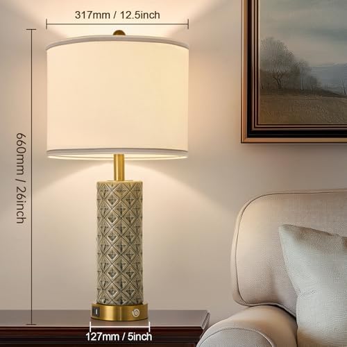 Set of 2 Table Lamp for Living Room Bedroom Farmhouse,26'' Touch Control Bedroom Smoke Grey Ceramic Lamps 3-Way Dimmable Bedside Lamps with USB A+C Ports Linen Shade for Home