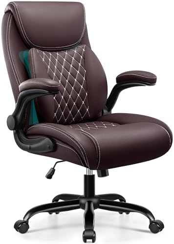 BESTFAIR Office Chair, Executive Computer Desk Chair with Lumbar Support for Lower Back Pain Relief, Ergonomic Leather Home Chair Comfy with Padded Flip-up Arms and Adjustable Armrests, Coffee