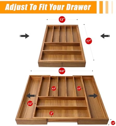 Bellsal Large Premium Acacia Wood Silverware Organizer - Expandable Utensil Drawer Organizer - 17"x19.6" Utensil Holder and Cutlery Tray with Grooved for Kitchen Flatware Utensils(7-9 Slot, Acacia)