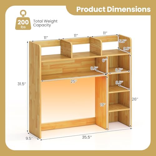 Tangkula Desktop Bookshelf with LED Lights, Desk Hutch with 8 Shelves for Max 25" Monitor, Desktop 5-Tier Display Rack, Wood Desktop Storage Hutch Organizer for Dorm Office Home, Burlywood