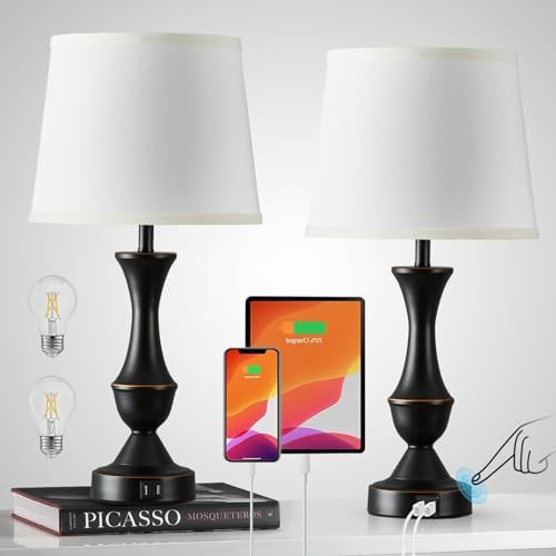 Touch Table Lamps Set of 2, 22" Tall Bedside Lamps with USB C+A Ports