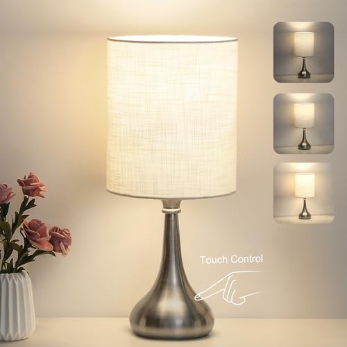 Touch Control Table Lamp, 3 Way Dimmable Simple Night Light Lamp with White Lampshade Silver Metal Base, Small Bedside Table Lamp for Bedroom, Office, Dorm, A19 9W 3000K Bulb Included