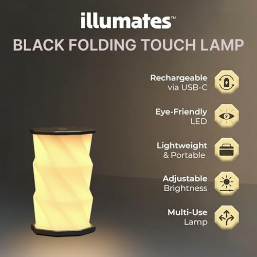 Origami Expanding Foldable LED Desk Lamp – USB Rechargeable & Portable - Dimmable Touch Control Light with Adjustable Height up to 5 1/2 for Office, Travel, Bedside - Sleek & Modern Design (Black)