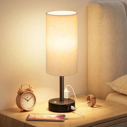 Beige Touch Bedside Lamp for Bedroom, Stepless Dimmable, USB A+C, AC Outlet
