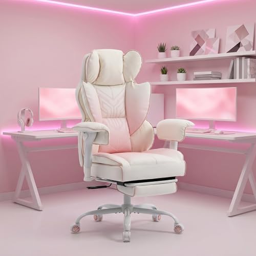 Big and Tall Gaming Office Chair 400lbs - Heavy Duty Ergonomic Computer Desk Chair with Footrest, Adjustable Armrests, High Back PU Leather with Racing Style (White/Pink)