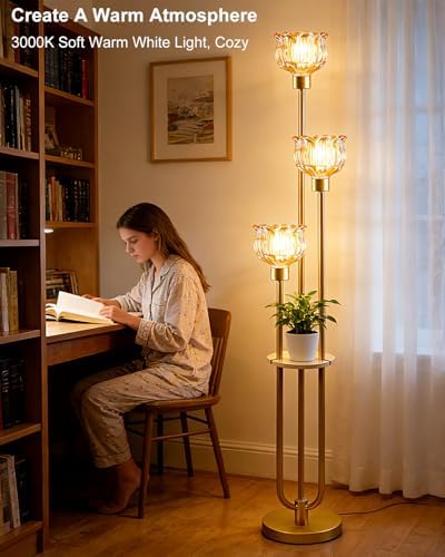 Lightdot Flower Glass Floor Lamp with Shelf Amber Floral Gold Floor Lamps