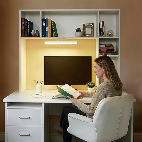 3 Tier Desktop Bookshelf with Rechargeable Eye-Friendly LED Desk Light, Desk Hutch Organizer with 5 Shelves, Wooden Desk Bookshelf for Office, Dorm and Small Space, White