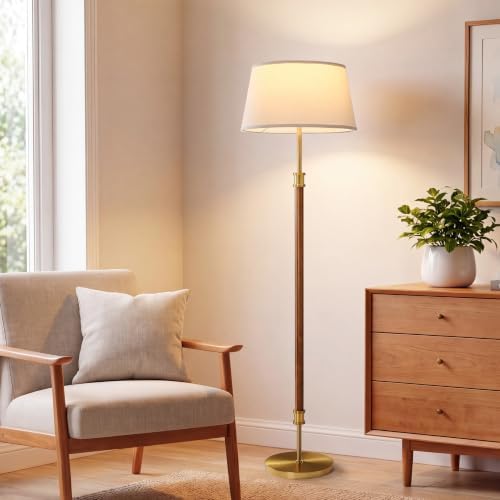 ZenGlimmer Mid Century Dimmabe Floor Lamp, Dark Walnut Wood Pole Standing Lamp with 18” Linen Shade, Brushed Gold Aluminum Accents, 11” Weighted Base for Living Room Bedroom