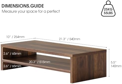 FITUEYES Wooden Monitor Stand Riser, 2-Tier Desk Storage Shelf, Brown