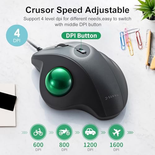 SANWA Wired Trackball Mouse, USB-C/A, Silent Clicks, Programmable, Green