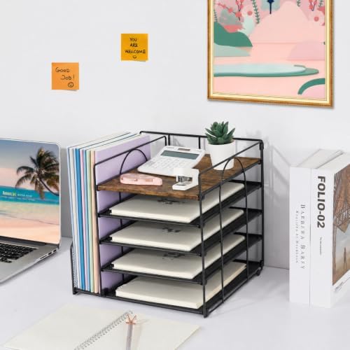 LEKETREE Desk Organizers and Accessories, 5-Tier Paper Letter Tray Organizer with File Holder, Desktop Organizer for Office Supplies (Wood)