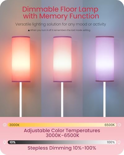 Dimmable Floor Lamps for Living Room with Remote and Foot Switch, 64.4” Modern Standing Tall Lamp, Corner Lamp for Bedroom, Bulb Included, 3000K-6500K, FCC Listed, Pink and White WP06LD05W1