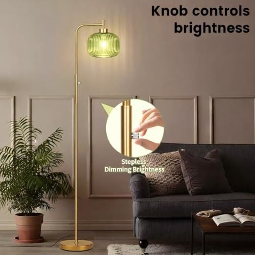 Ruiever Glass Floor Lamp for Living Room, Dimmer Standing Lamp with Green Ribbed Lampshade,66” Tall Lamp & Gold Floor Lamp for Bedroom Study Room,Brushed Gold (Drum Green Glass Shade)