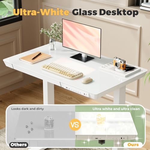 32" Glass Standing Desk with Drawer, Small Electric Desk