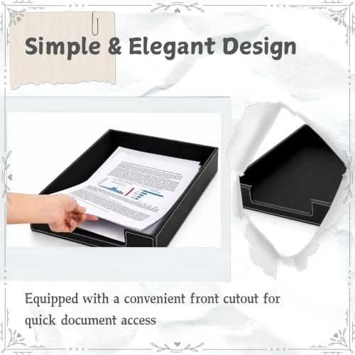 Black Leather Letter Tray, Desk Leather Organizer Tray for A4 Paper, Office Desktop Letter-Size Holder for File, Document, Mail & Magazine