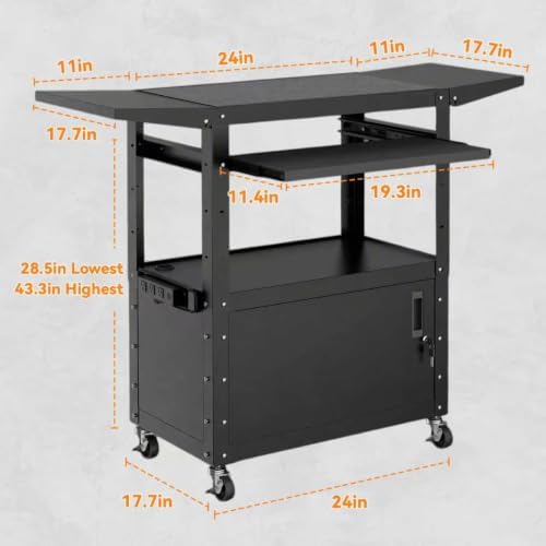 Mobile AV Cart with Drop Leaves & Adjustable Height, Rolling Computer Cart with Pullout Keyboard Tray – Locking Cabinet, 3 Outlets&2 USB Ports, Lock Brake Casters, Utility Cart for Office/Classroom