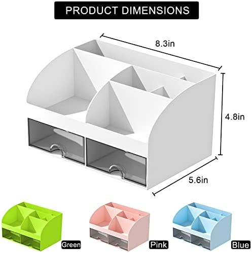 COMFYROOM Desk Organizer with 6 Compartments and 2 Drawers, Plastic Makeup Organizer, Pen Holder for Desktop Storage, Desk Organization for School, Home, Office Supplies (White-2Pack)