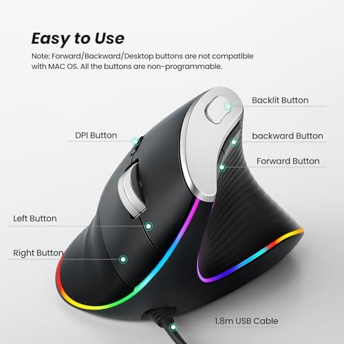 Nulea M504 Wired Vertical Mouse, USB Optical Ergonomic Mouse Wired with 4 Adjustable DPI, 11 RGB Backlight Modes, Compatible for Laptop, PC, Desktop, Mac, Black