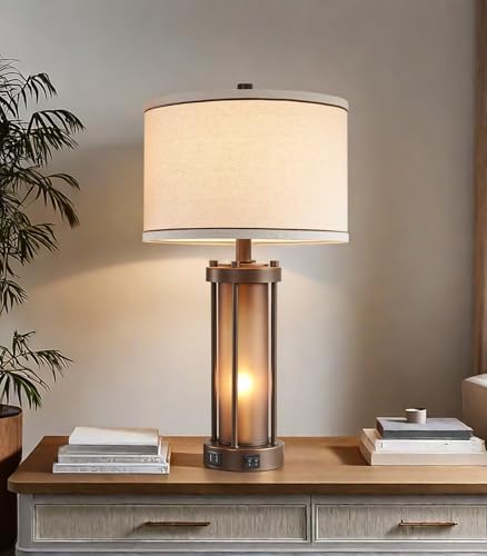 RORIA Farmhouse Table Lamps for Living Room with USB C+A Ports