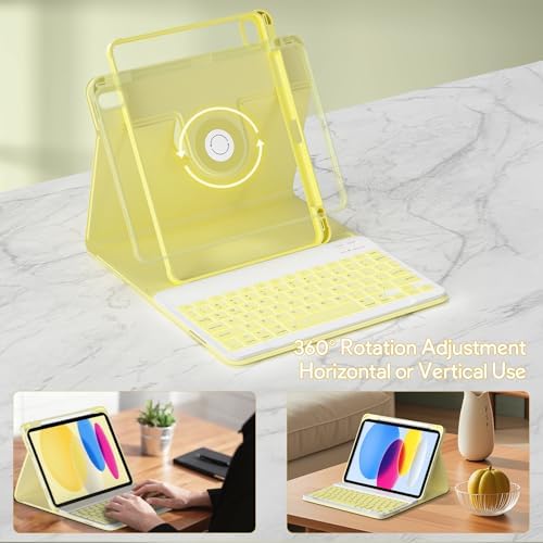 YBING for iPad A16 Case with Keyboard & iPad 10th Generation 10.9" 2022, 360 Rotation Magnetic Cover with 7-Color Backlit Wireless Detachable Keypad with Pencil Holder (Yellow)