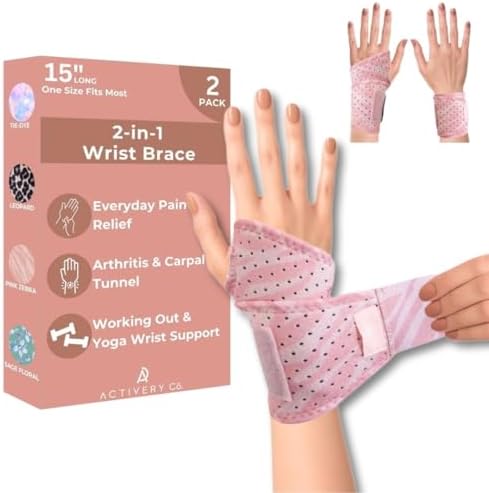 Carpal Tunnel Wrist Brace Left Hand, Right Hand for Women, Day or Night Compression Wrist Support Brace for Fitness, Keyboard Use, or Overnight Support, 2 Pack, Pink Zebra Print
