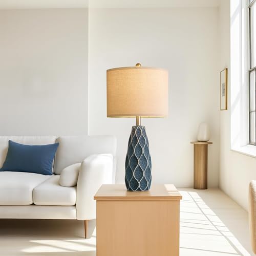 Ceramic Table Lamps Set of 2, 27.5" Blue Lamps for Bedroom Living Room