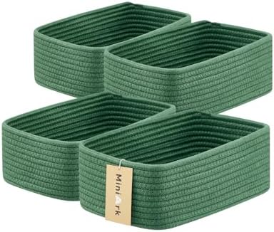 MiniArk Small Storage Baskets for Organizing | Closet Organizer Bins | Shelf Toy Basket | Woven Rope Baskets | Cube Decorative Box | Shallow Basket | 11.5x7.5x4.7” | 4 Packs Green