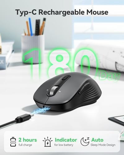 TECKNET Rechargeable Wireless Bluetooth Mouse with 4-Way Wheel, 3-Device