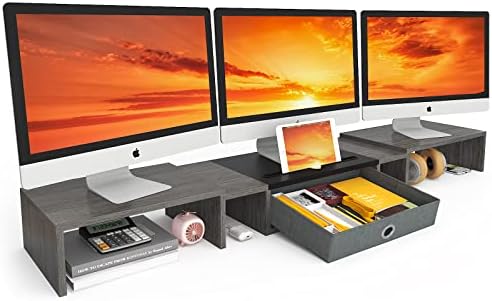 WESTREE Triple Dual Monitor Stand Riser with Drawer,Extra Large Adjustable for 2~3 Monitors,Solt for Phone & Tablet, Desktop Organizer Stand for Computer,Laptop,Printer,TV