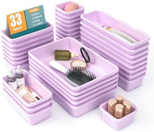 33 PCS Drawer Organizer Set, 4 Size Makeup Drawer Divider Organizer With Non-Slip Pads, Interlocking Plastic Storage Bins for Office,Jewelry Vanity,Gadgets, Bathroom,Kitchen, Purple