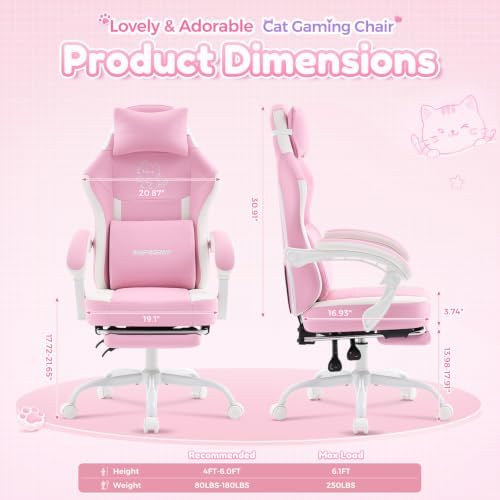 Gaming Chair, Ergonomic Computer Chair with Cat Embroidery, Pink