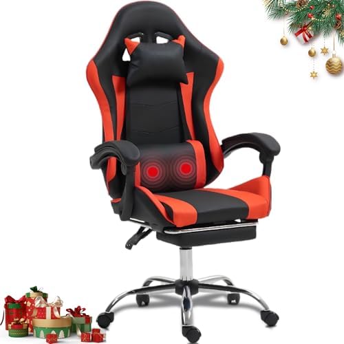 Gaming Chair with Massage, Red Ergonomic Video Game Racing Chair w/Footrest for Kids Adults, Adjustable Headrest & Lumber Support, 360° Swivel for Gaming Room Home Office Bedroom
