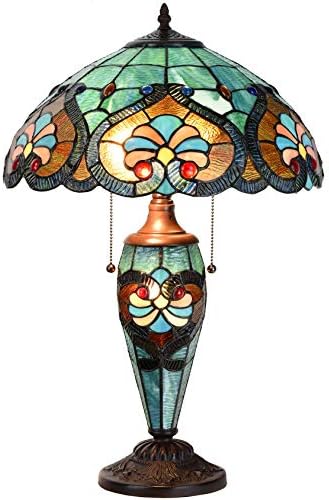 Bieye L10801 Baroque Tiffany Style Stained Glass Table Lamp, Lighted Base 24 inches Tall, Blue