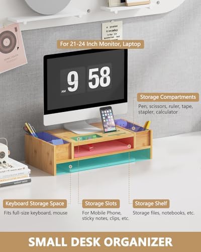 Ufine Bamboo Monitor Stand with Storage Compartments Small Desk Organizer