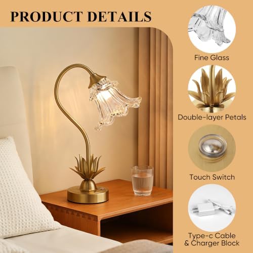 Cordless Flower Table Lamp with Glass Lampshade, 5200mAh Rechargeable Battery, 3-Color Dimmable Touch Control, Portable Desk Lamp for Nightstand, Patio, Camping, Restaurant & Home, Transparent