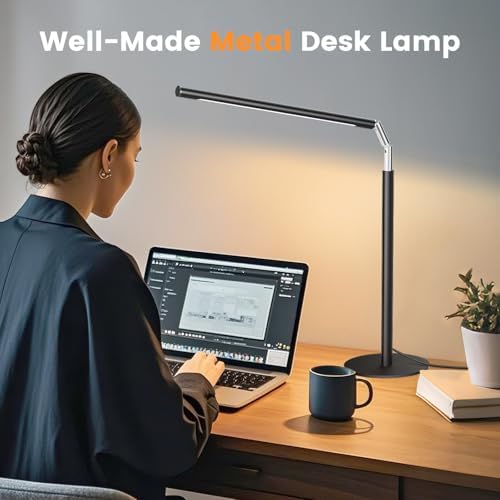 SIBRILLE Metal LED Desk Lamp, 16" Dimmable Desk Light with Base, 15W 1200LM, Adapter Included, Color & Brightness Adjustable, Modern Tall Table Lamp for Home Office Reading Study Task Laptop, Black