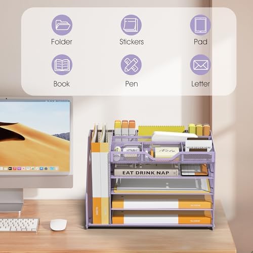 5 Tier Paper Letter Tray Desk Organizer with Pen Holders - Purple