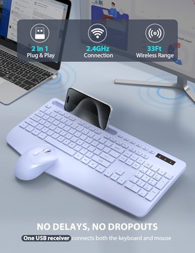 Wireless Keyboard and Mouse Combo - Full-Sized Ergonomic Keyboard with Wrist Rest, Phone Holder, Sleep Mode, Silent 2.4GHz Cordless Keyboard Mouse Combo for Laptop, Computer, PC, Mac, Windows -Trueque