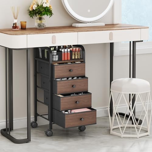 SWTYMIKI Rolling Makeup Organizer Cart - Under Desk Vanity Makeup Storage with 4 Non-woven Drawers, Nail Cart Organizer Cosmetic Display Cases Cabinet for Skin Care Perfume Nail Polish Brush Hair Tool