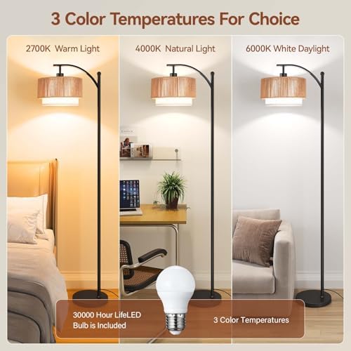 SUNMORY Arc Floor Lamps for Living Room, Rattan Standing lamp with 12W Bulb