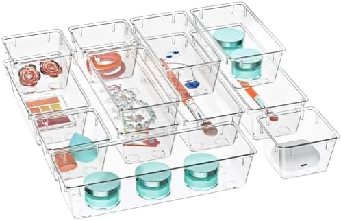 12 Pack Clear Drawer Organizer Set, Drawer Storage Trays, Storage Bins