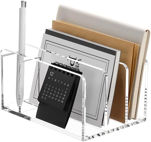 SANRUI Acrylic Mail Sorter Desk Organizer with Pen Holder, 3 Compartments