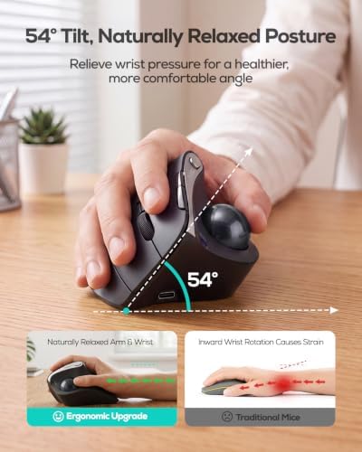 Nulea Wireless Trackball Mouse, 54° Vertical Ergonomic Thumb Control-Black