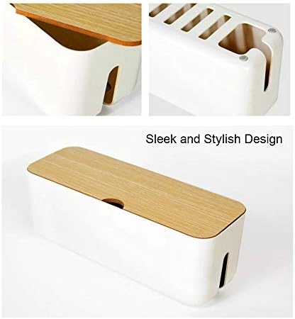 Cable Management Box with Bamboo Lid, Small Power Strip Organizer, White