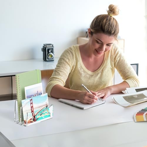 Mail Organizer Envelope Holder - 2 Compartments Clear Acrylic Mail Holder Countertop Vertical Desk Organizer Small File Bill Document Notebook Letter Sorter for Home School Office Supplies